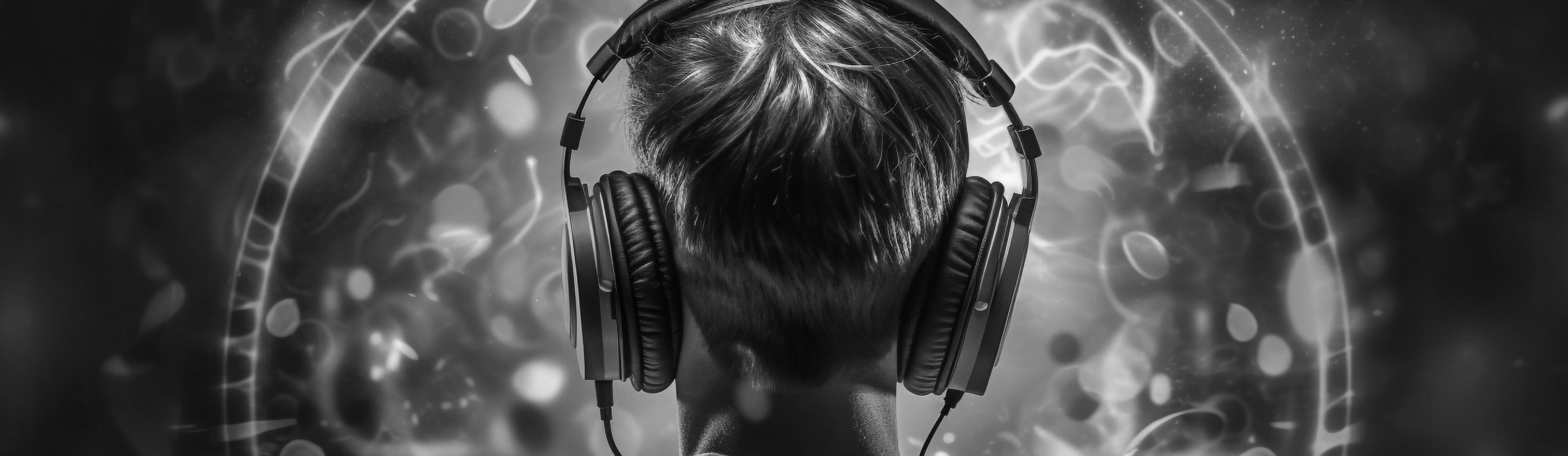 Man listening to music facing a vivid background.